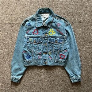 Vintage 90s Disney Store Mickey Mouse Embroidered Denim Cropped Jacket Womens S